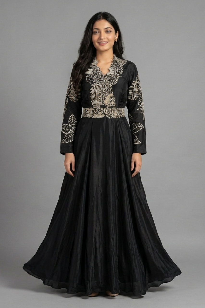 Black Natural Crepe Gown with Patch Work and Belt