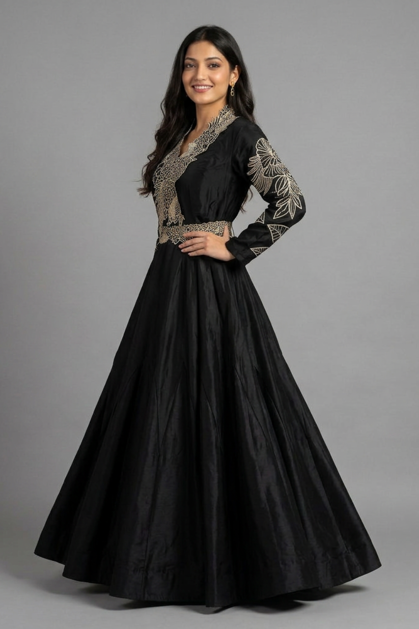 Black Natural Crepe Gown with Patch Work and Belt