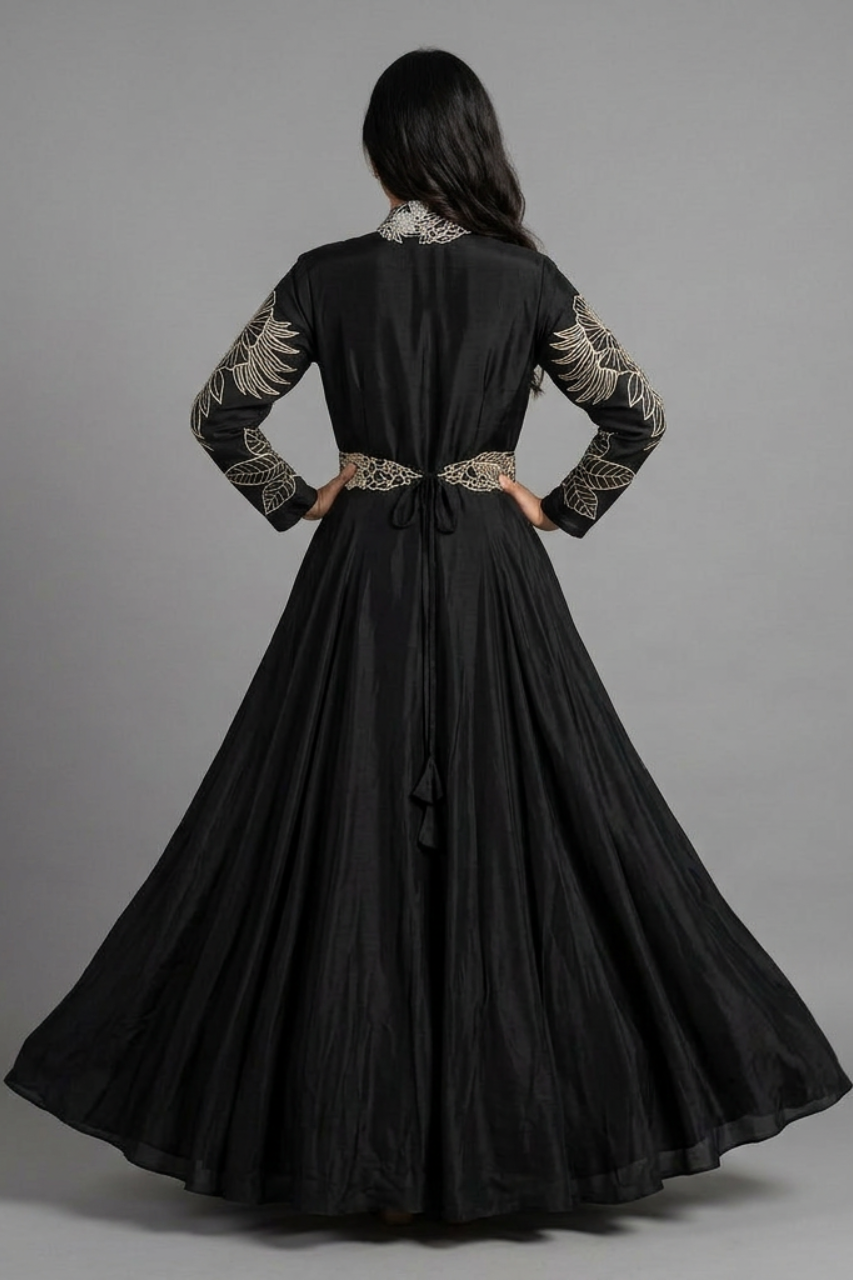 Black Natural Crepe Gown with Patch Work and Belt