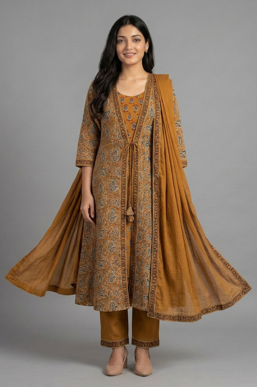 Mustard Printed Pure Cotton 3 Piece Suit Set
