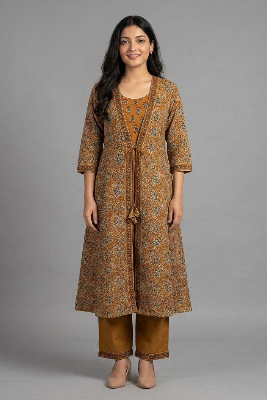Mustard Printed Pure Cotton 3 Piece Suit Set