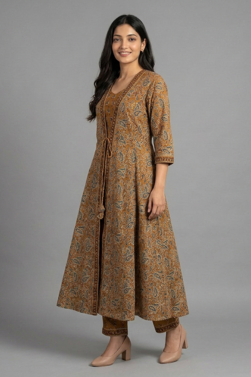 Mustard Printed Pure Cotton 3 Piece Suit Set