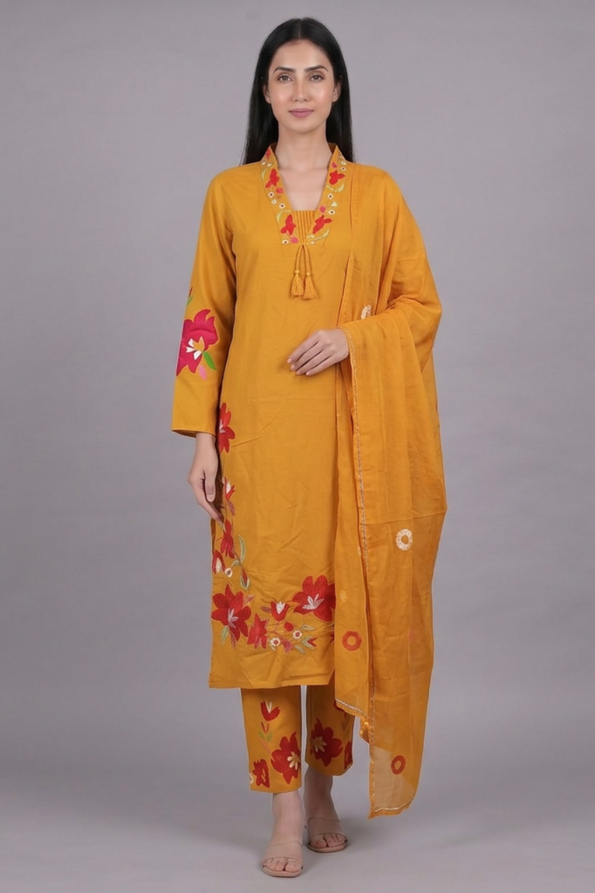 Mustard Yellow Pure Cotton 3 Piece Suit Set