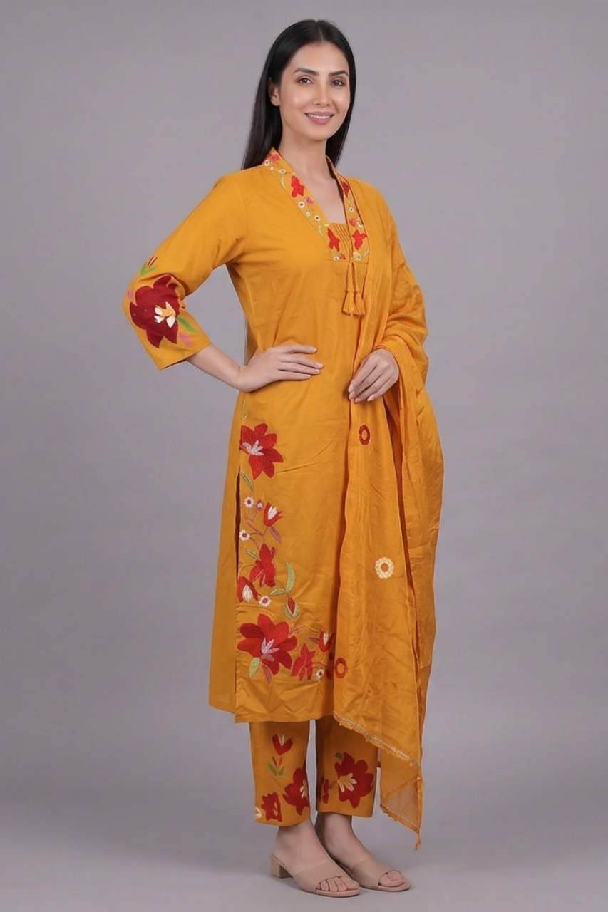 Mustard Yellow Pure Cotton 3 Piece Suit Set