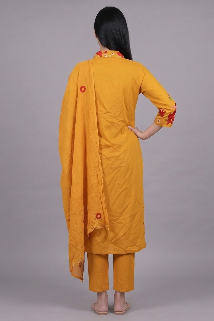 Mustard Yellow Pure Cotton 3 Piece Suit Set
