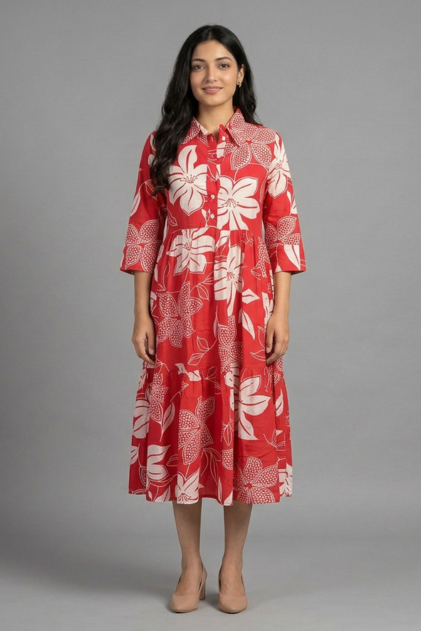 Red Bloom Pure Cotton Summer Dress