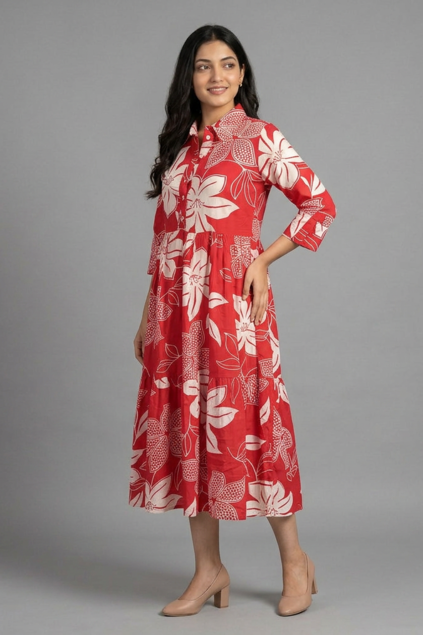 Red Bloom Pure Cotton Summer Dress