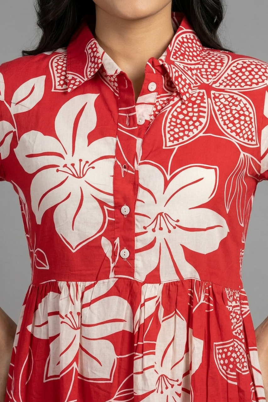 Red Bloom Pure Cotton Summer Dress
