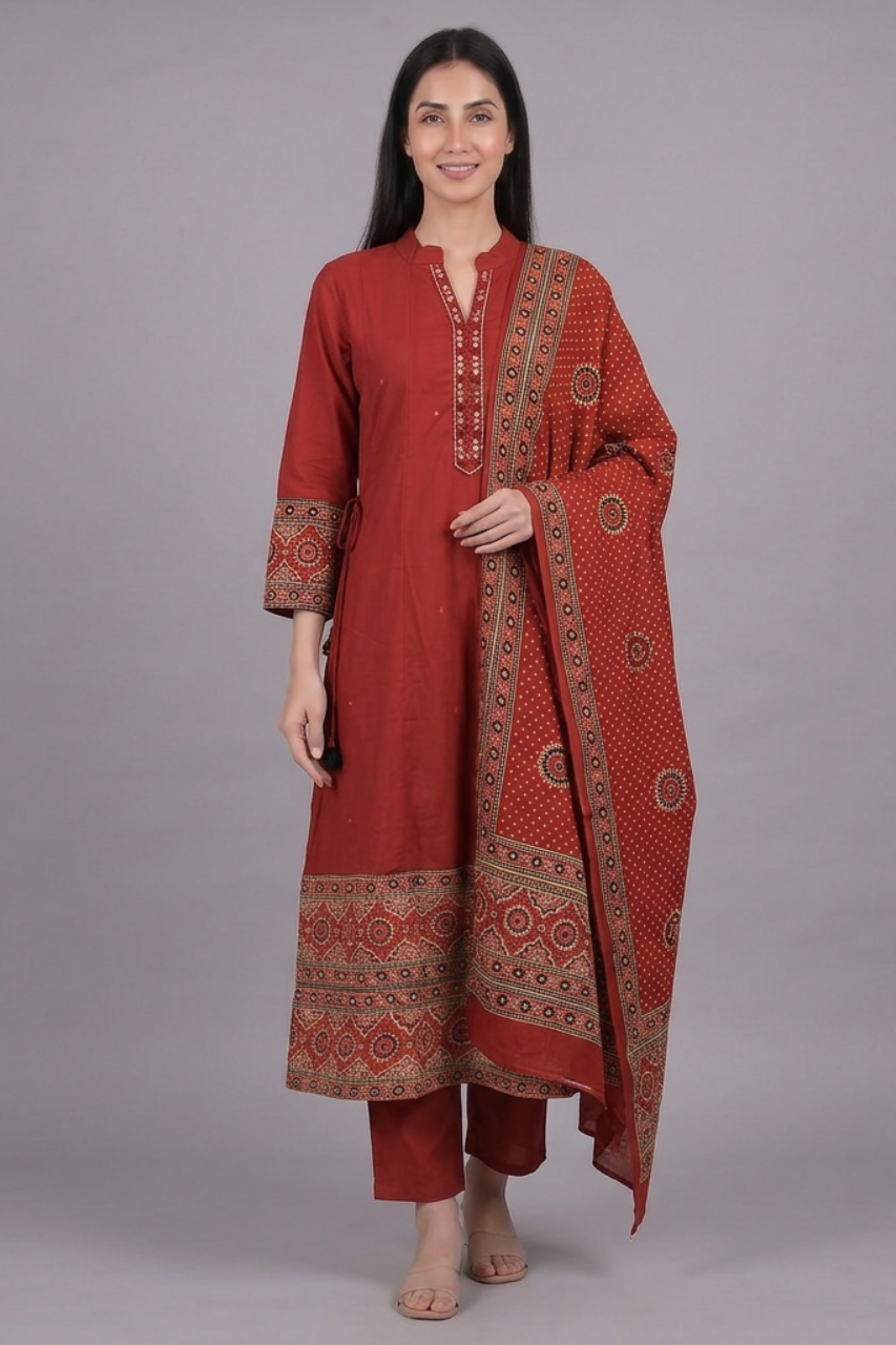 Rust Red Pure Cotton 3 Piece Suit Set