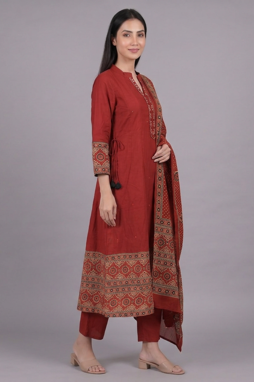 Rust Red Pure Cotton 3 Piece Suit Set