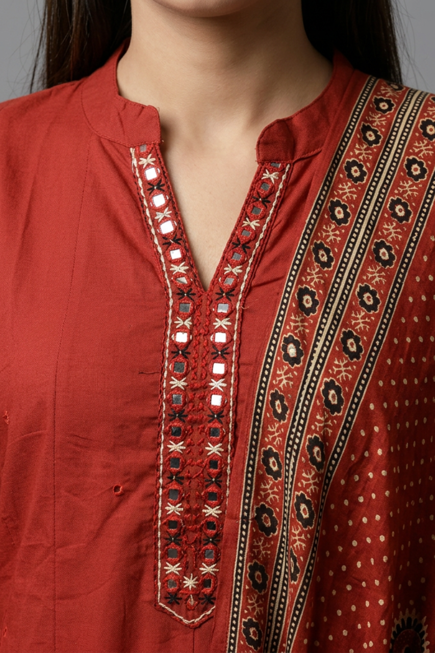 Rust Red Pure Cotton 3 Piece Suit Set