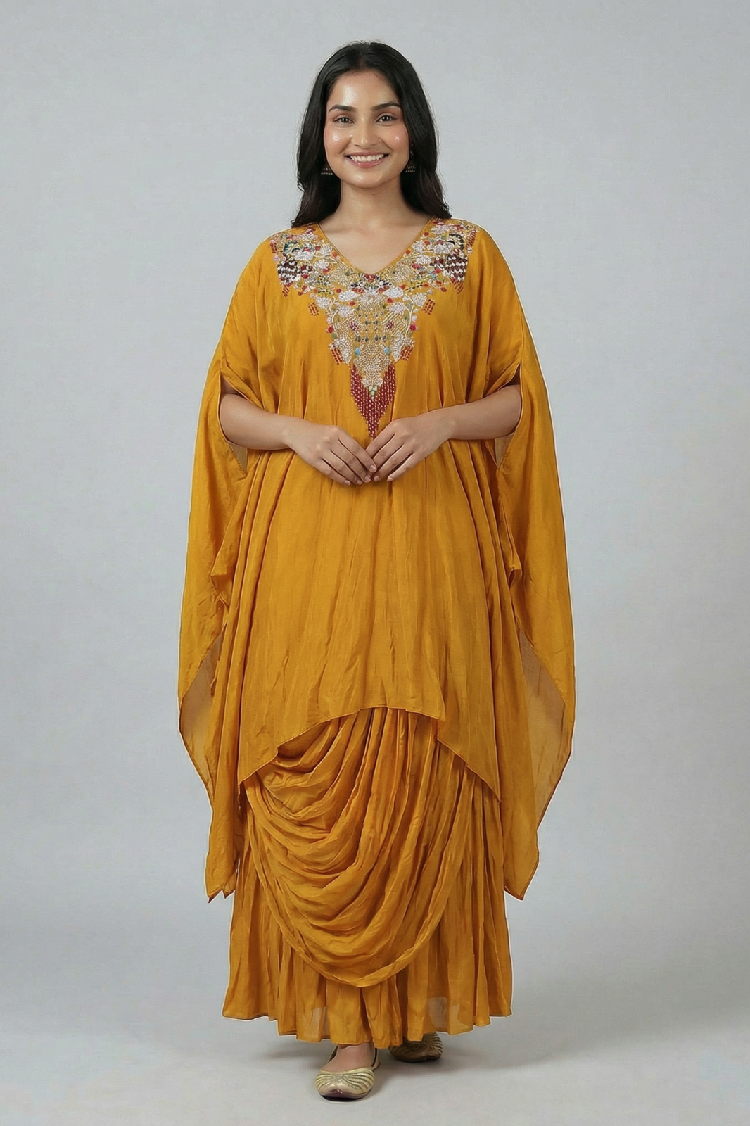 Yellow Dola Silk Kaftan – Indo-Western with Kolkata Zardozi Handwork