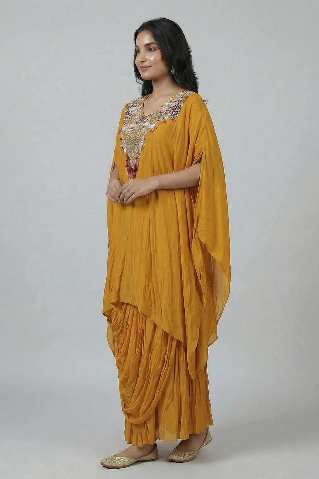 Yellow Dola Silk Kaftan – Indo-Western with Kolkata Zardozi Handwork
