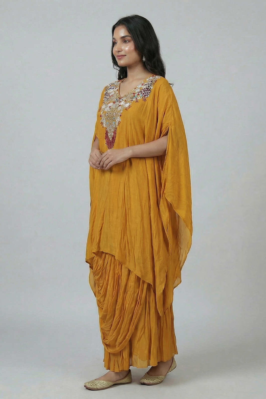 Yellow Dola Silk Kaftan – Indo-Western with Kolkata Zardozi Handwork