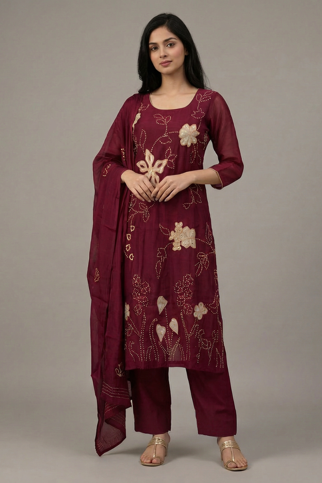 Maroon Chanderi A-Line Suit Set with French Knot & Patch Work