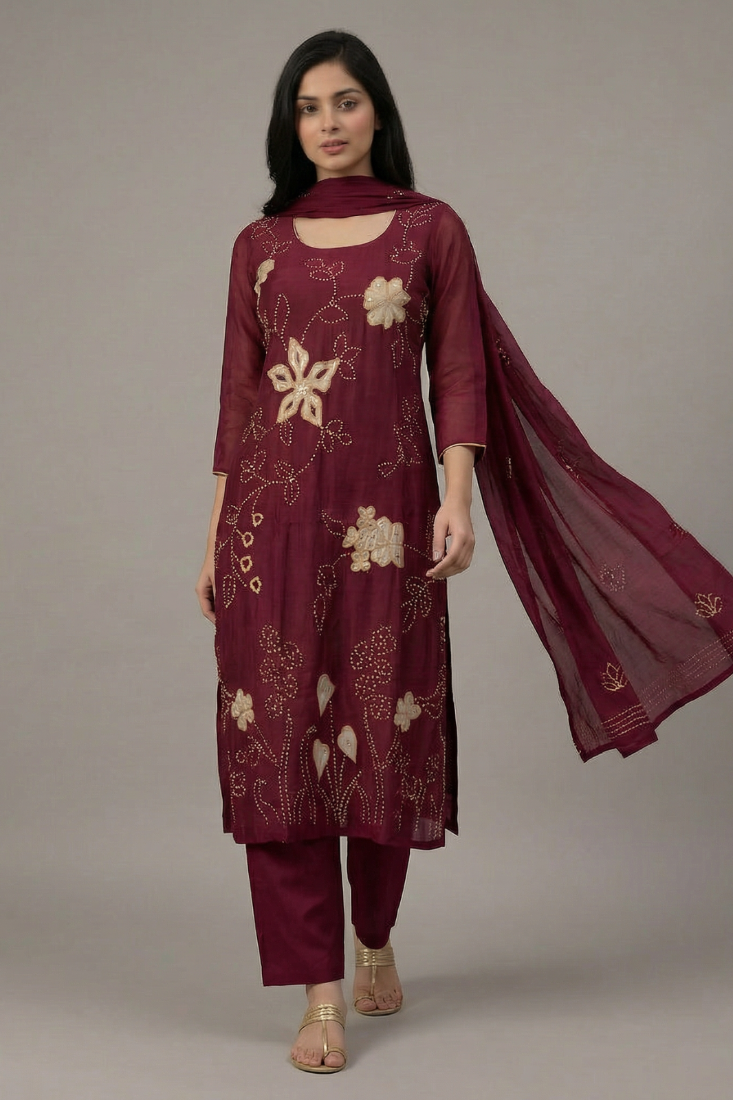 Maroon Chanderi A-Line Suit Set with French Knot & Patch Work