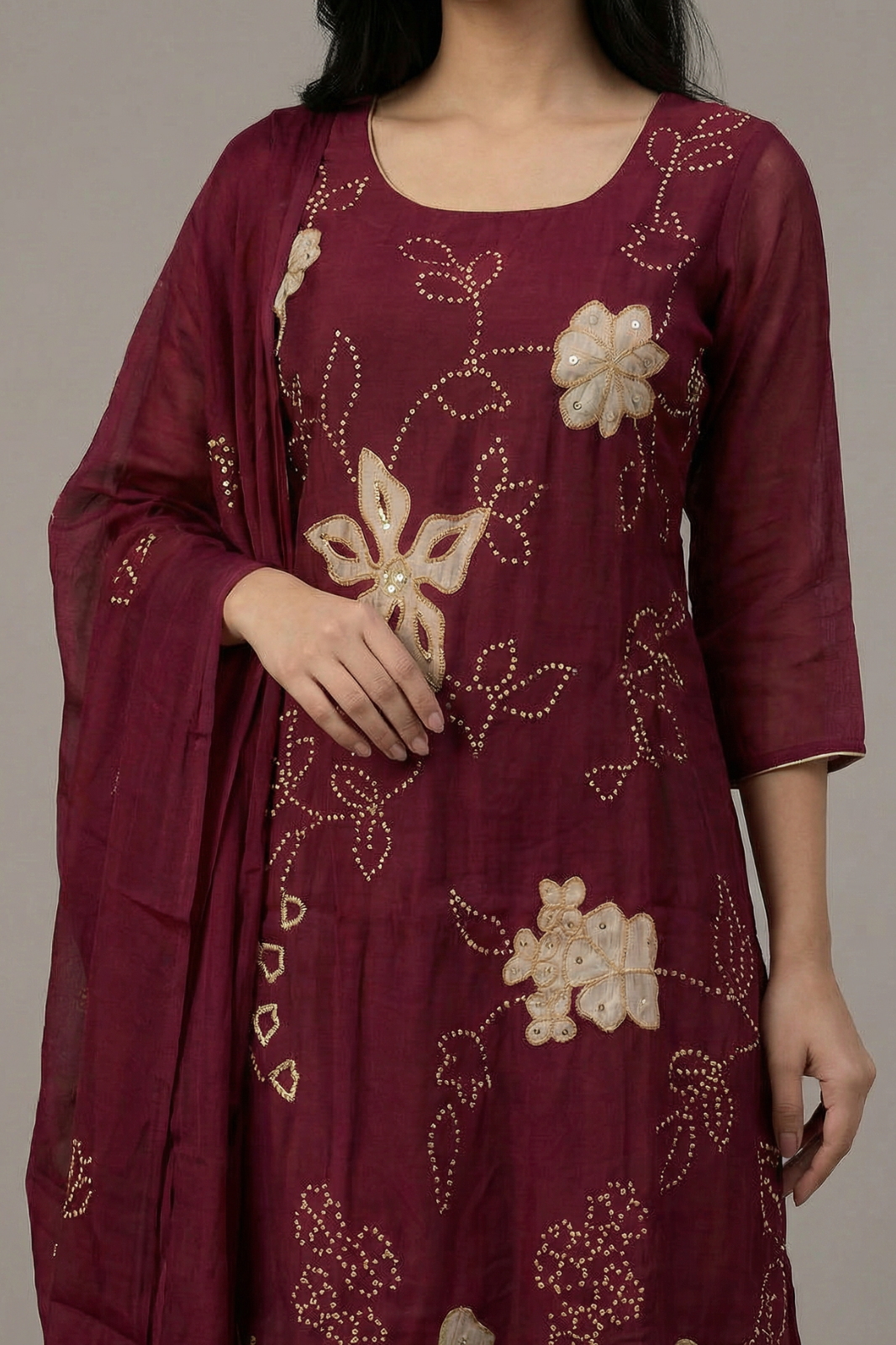 Maroon Chanderi A-Line Suit Set with French Knot & Patch Work