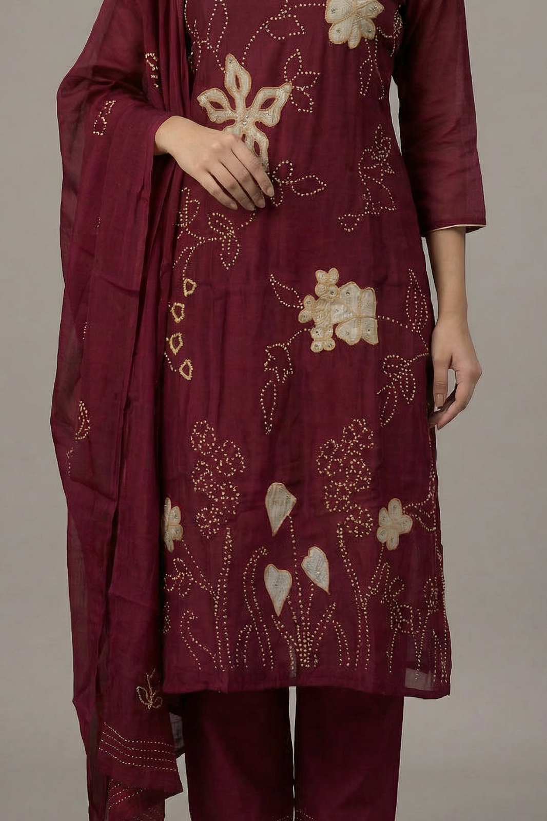 Maroon Chanderi A-Line Suit Set with French Knot & Patch Work