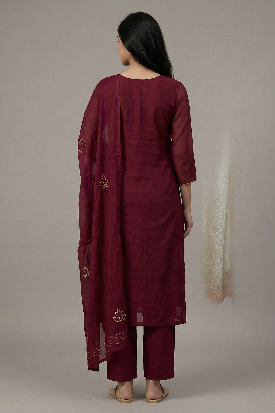 Maroon Chanderi A-Line Suit Set with French Knot & Patch Work