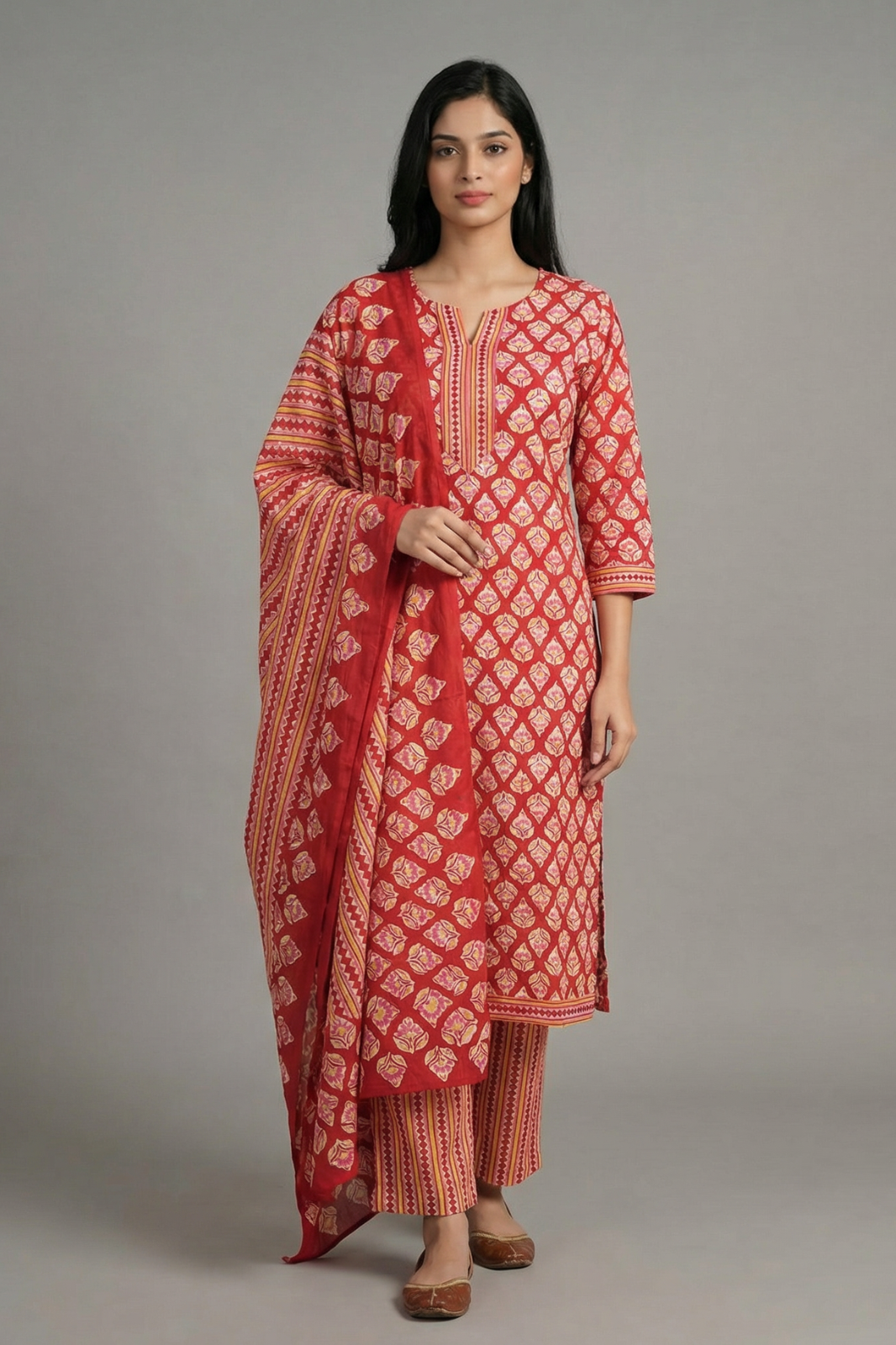 Vibrant Maroon Cotton Printed 3-Piece Suit Set