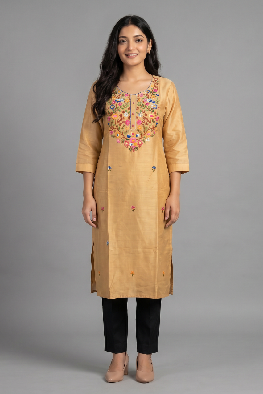 Beige Cotton Flex Floral Thread-Work Kurti