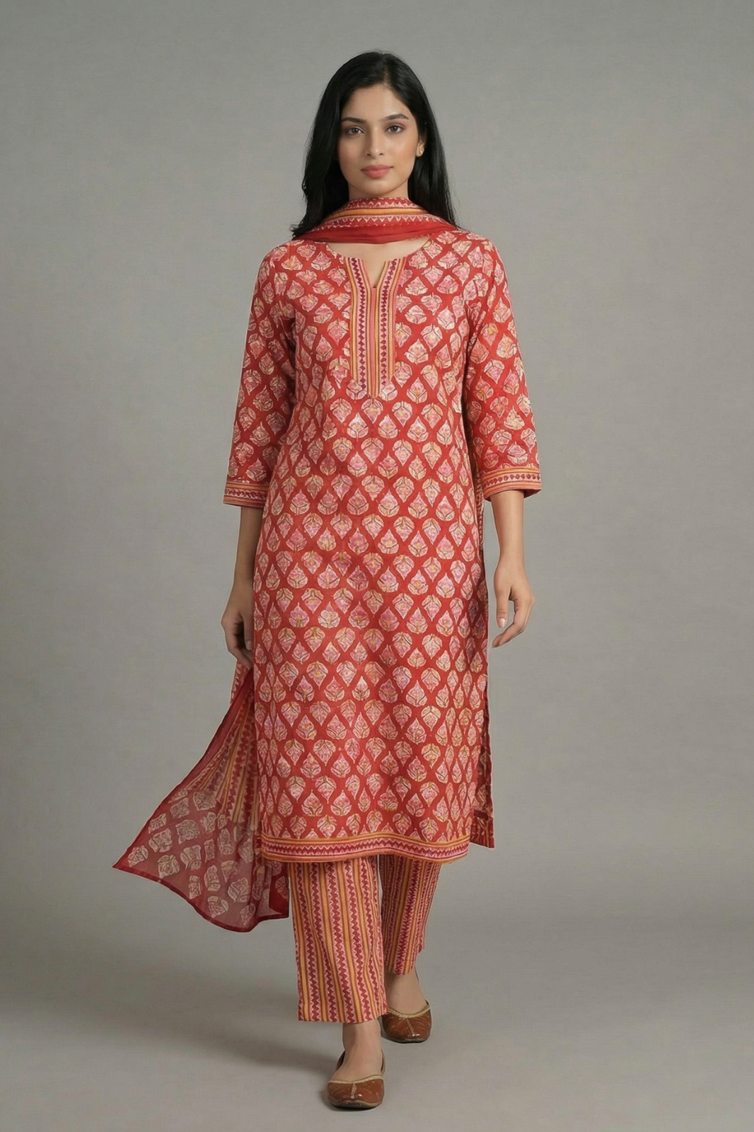 Vibrant Maroon Cotton Printed 3-Piece Suit Set