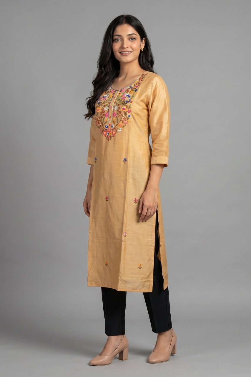 Beige Cotton Flex Floral Thread-Work Kurti