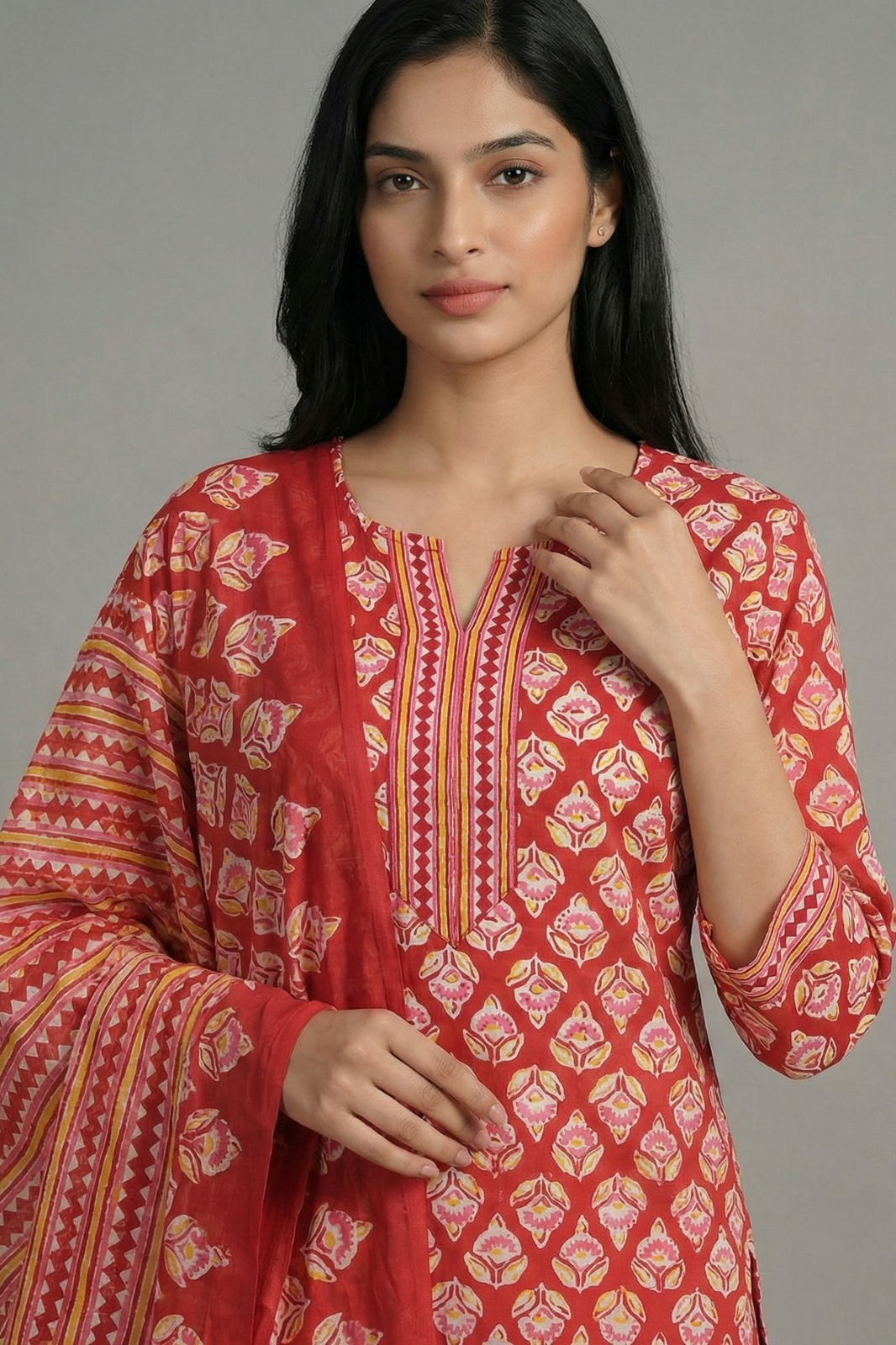 Vibrant Maroon Cotton Printed 3-Piece Suit Set