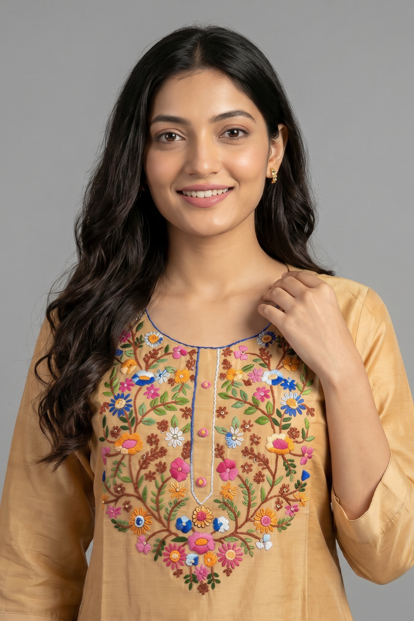 Beige Cotton Flex Floral Thread-Work Kurti