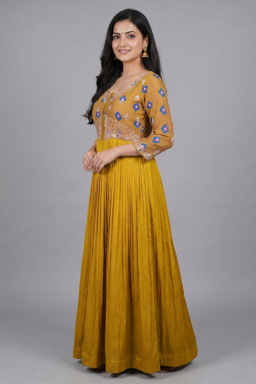 Mustard Modal Silk Gown with Handwork