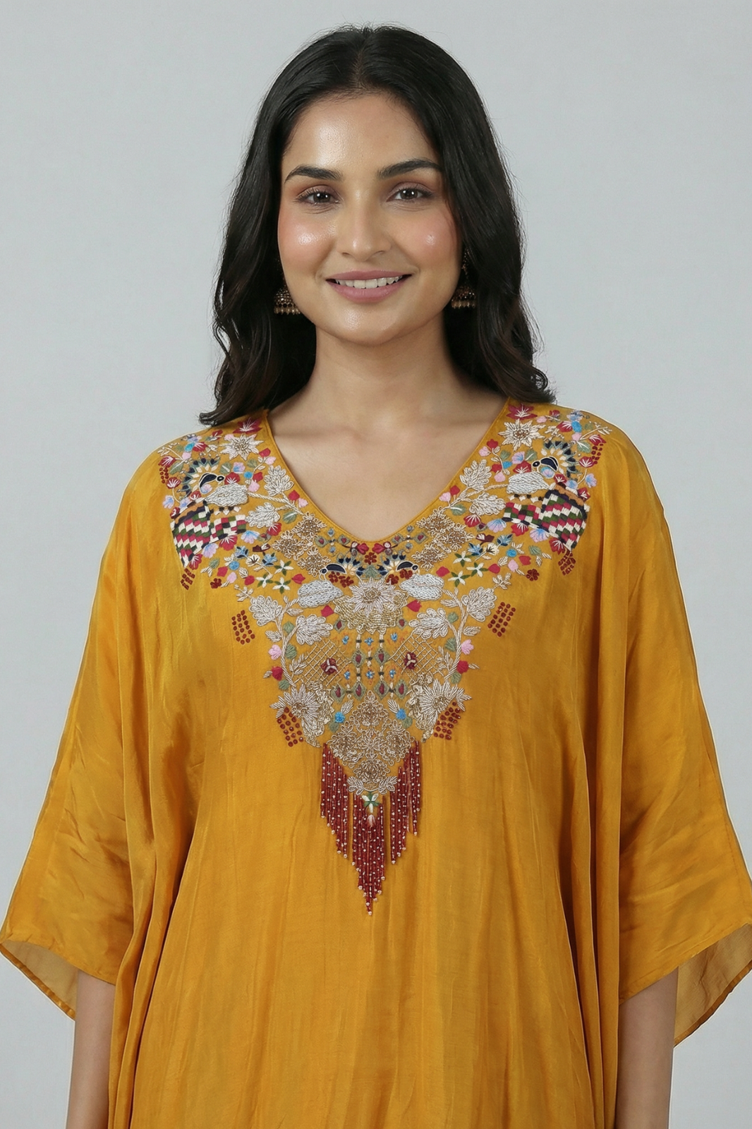 Yellow Dola Silk Kaftan – Indo-Western with Kolkata Zardozi Handwork