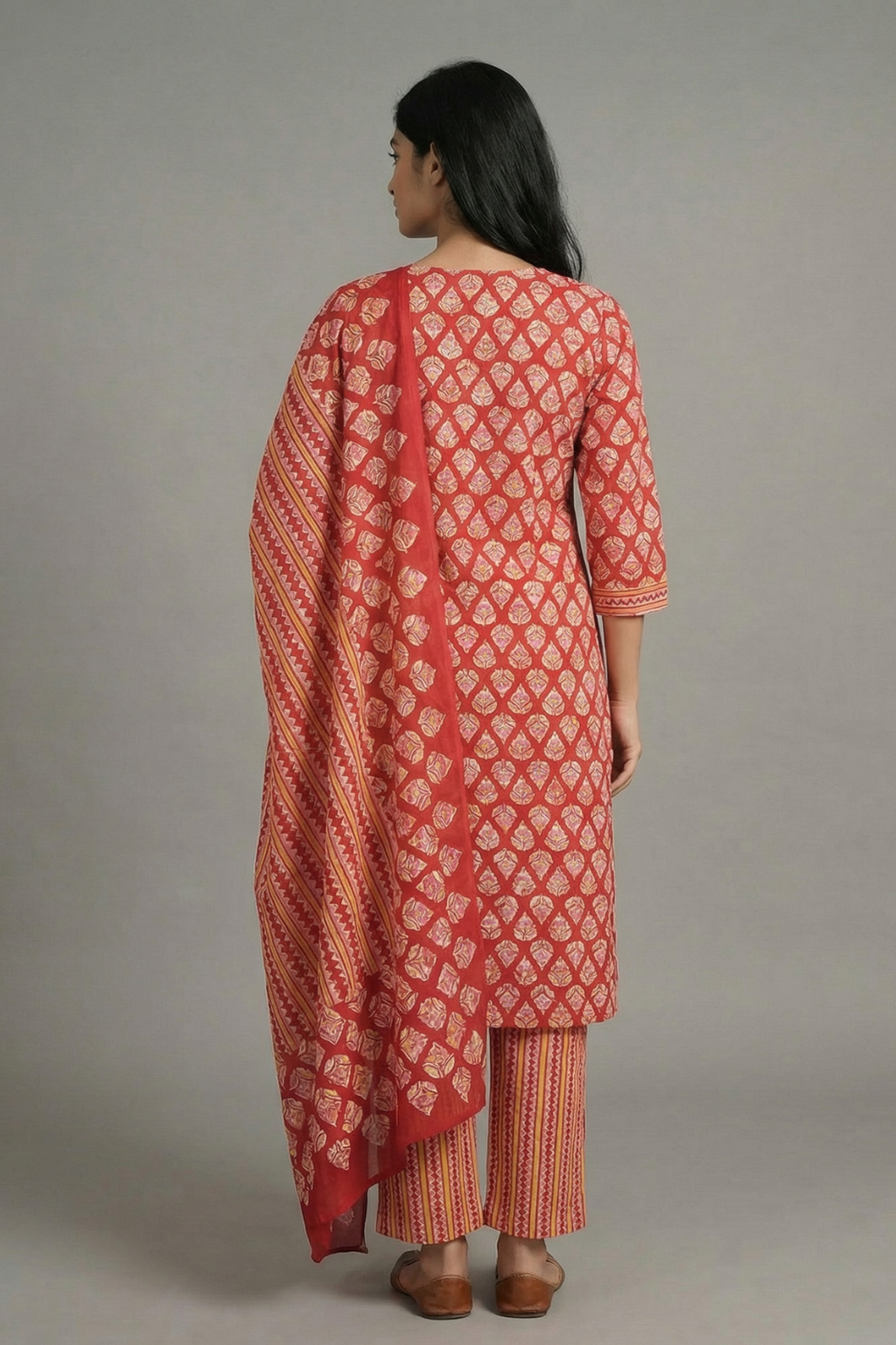 Vibrant Maroon Cotton Printed 3-Piece Suit Set