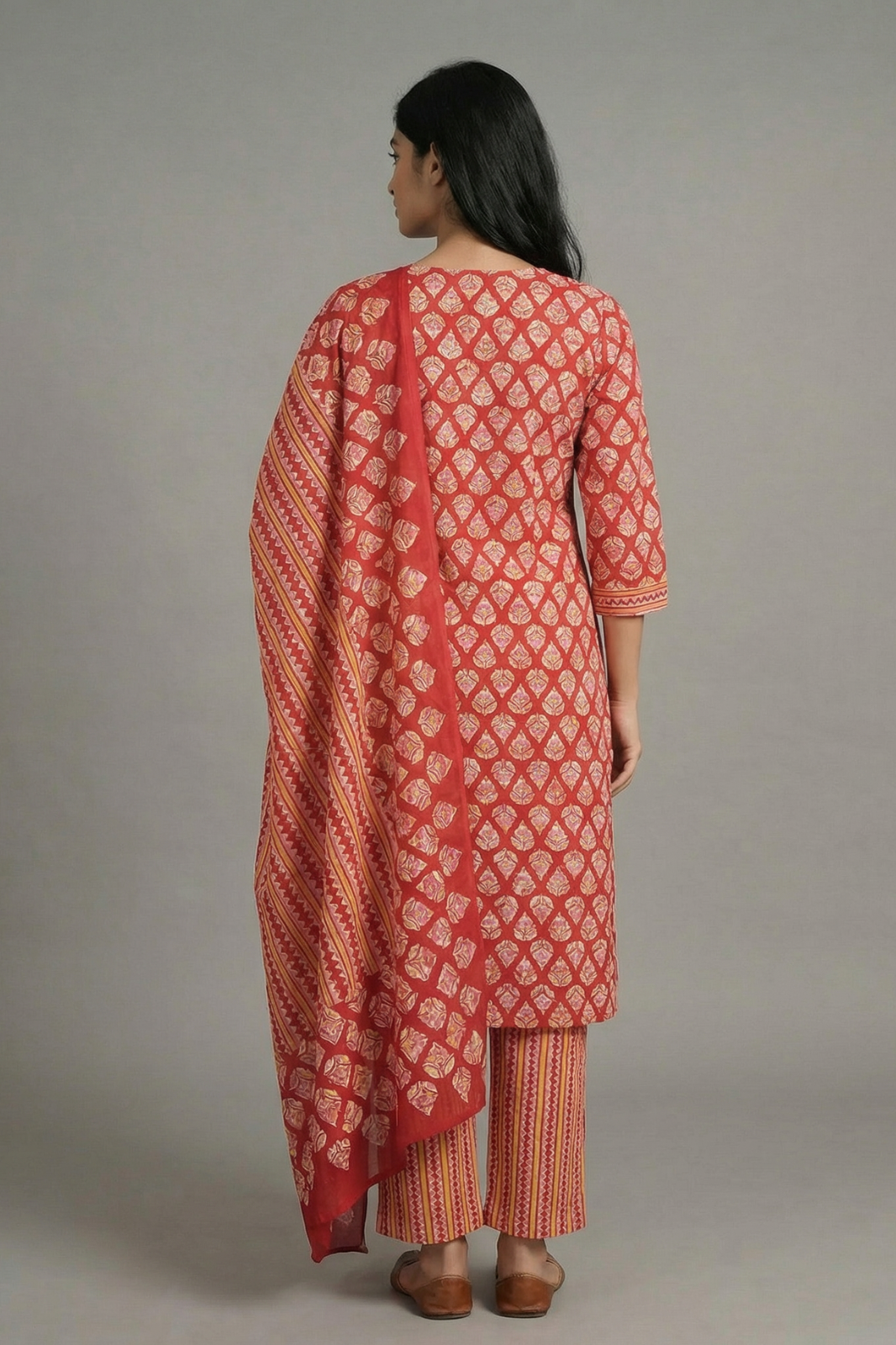 Vibrant Maroon Cotton Printed 3-Piece Suit Set
