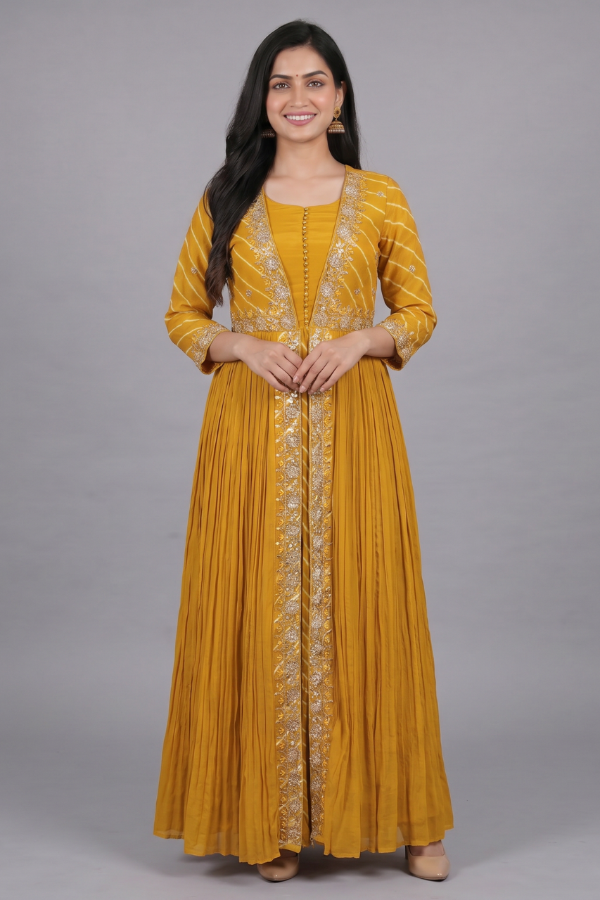 Yellow Chiffon Indo-Western Gown with Gota Patti Handwork
