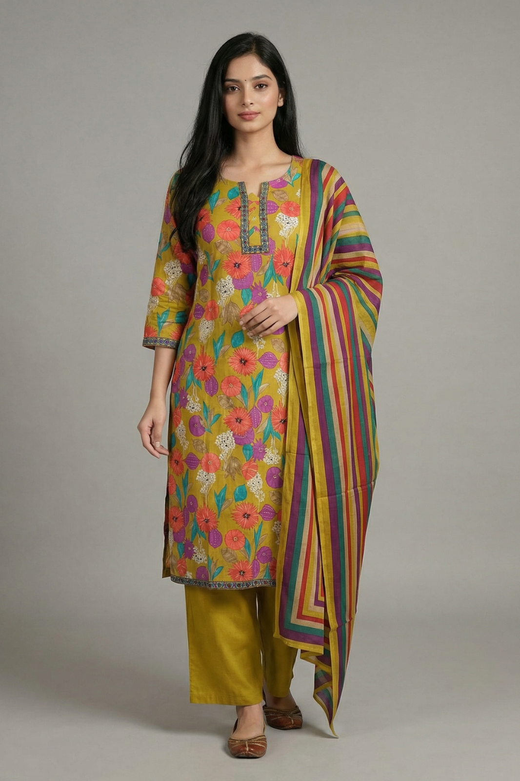 Vibrant Floral Pure Cotton Kurta Pant Set with Striped Dupatta