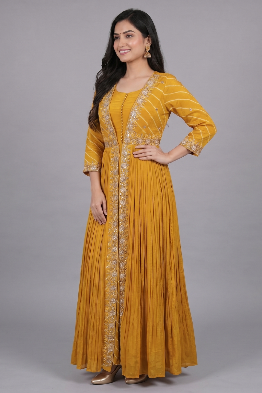 Yellow Chiffon Indo-Western Gown with Gota Patti Handwork