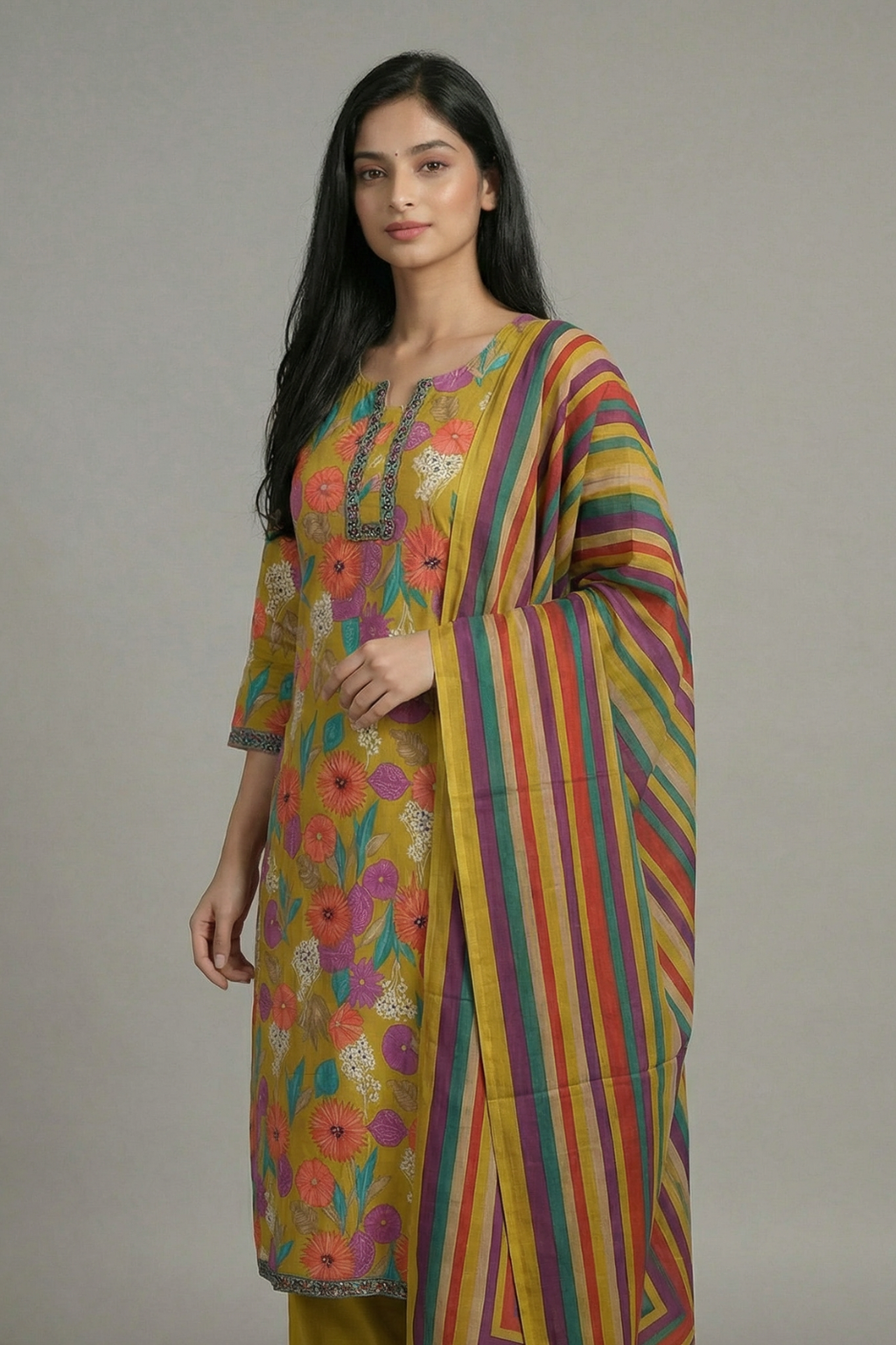 Vibrant Floral Pure Cotton Kurta Pant Set with Striped Dupatta