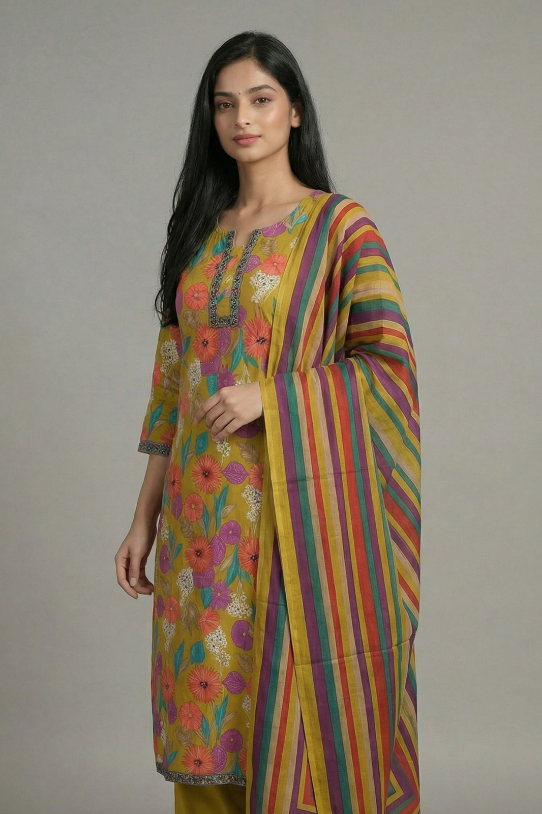 Vibrant Floral Pure Cotton Kurta Pant Set with Striped Dupatta