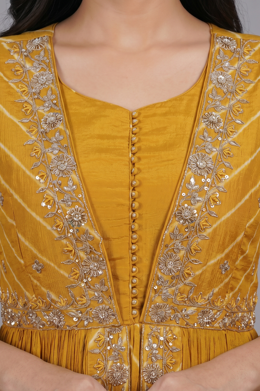 Yellow Chiffon Indo-Western Gown with Gota Patti Handwork