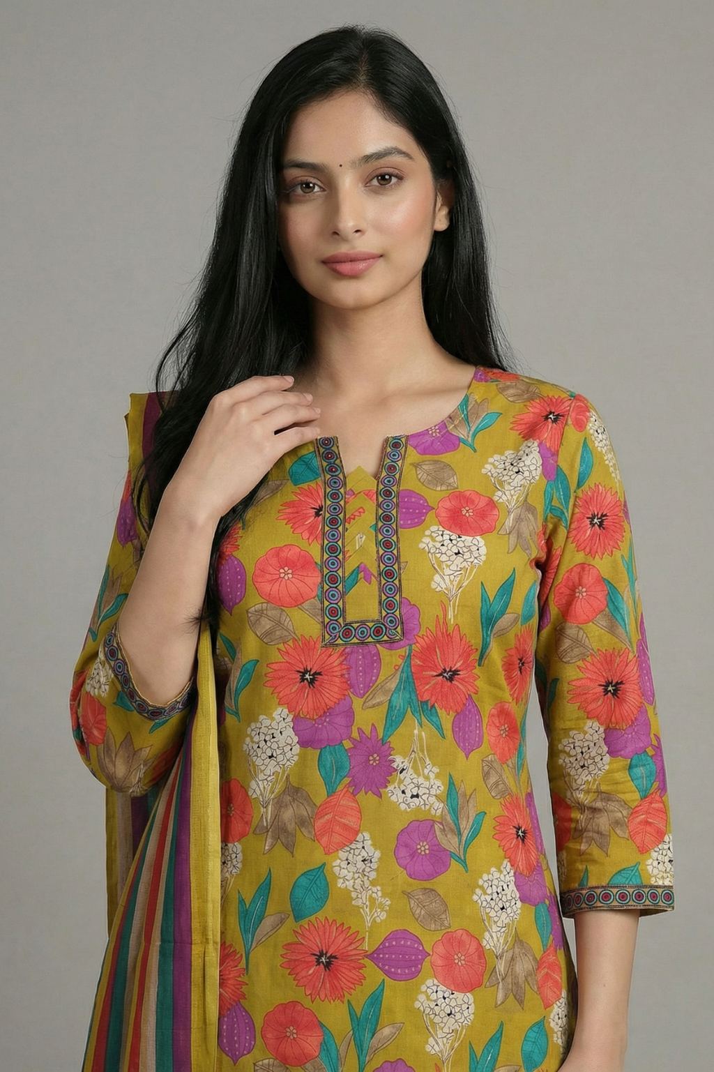 Vibrant Floral Pure Cotton Kurta Pant Set with Striped Dupatta