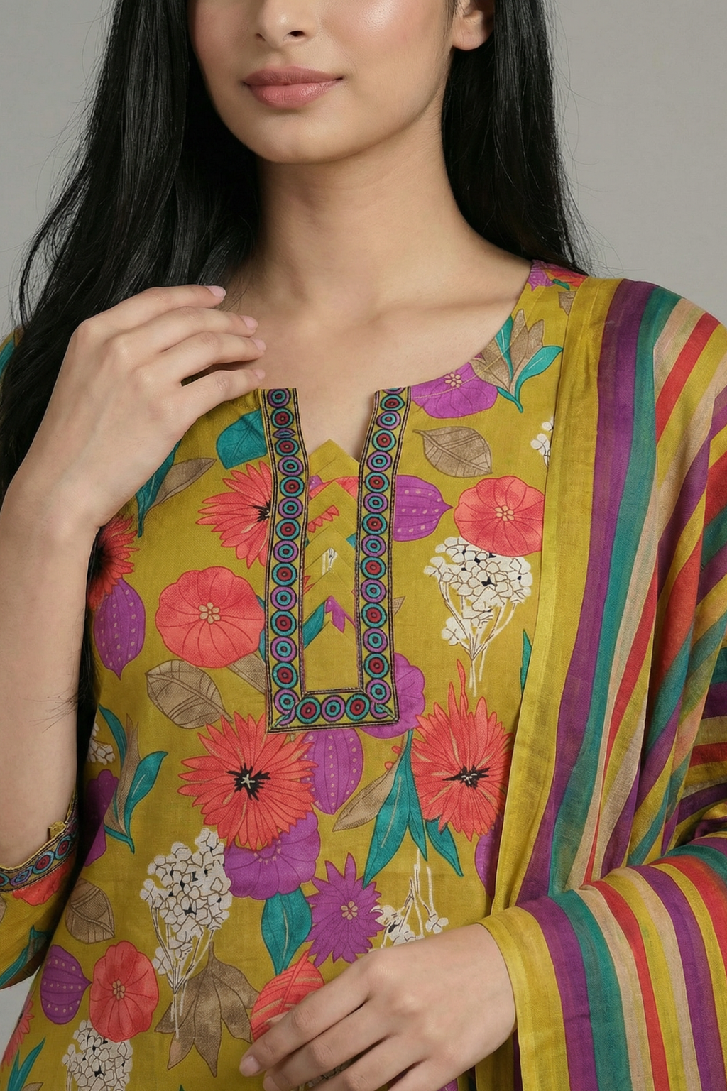 Vibrant Floral Pure Cotton Kurta Pant Set with Striped Dupatta