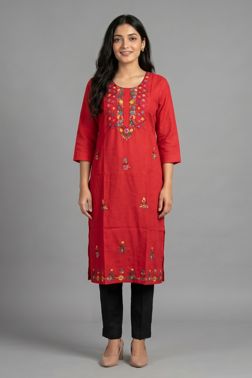 Bright Red Cotton Flex Embroidered Kurti