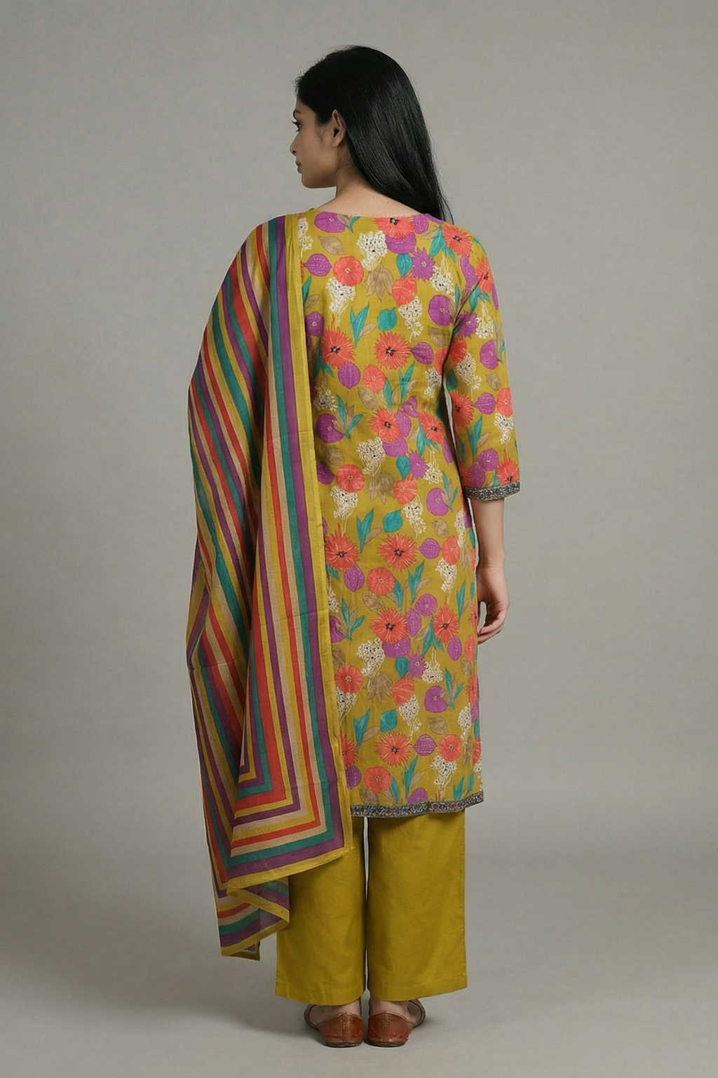 Vibrant Floral Pure Cotton Kurta Pant Set with Striped Dupatta