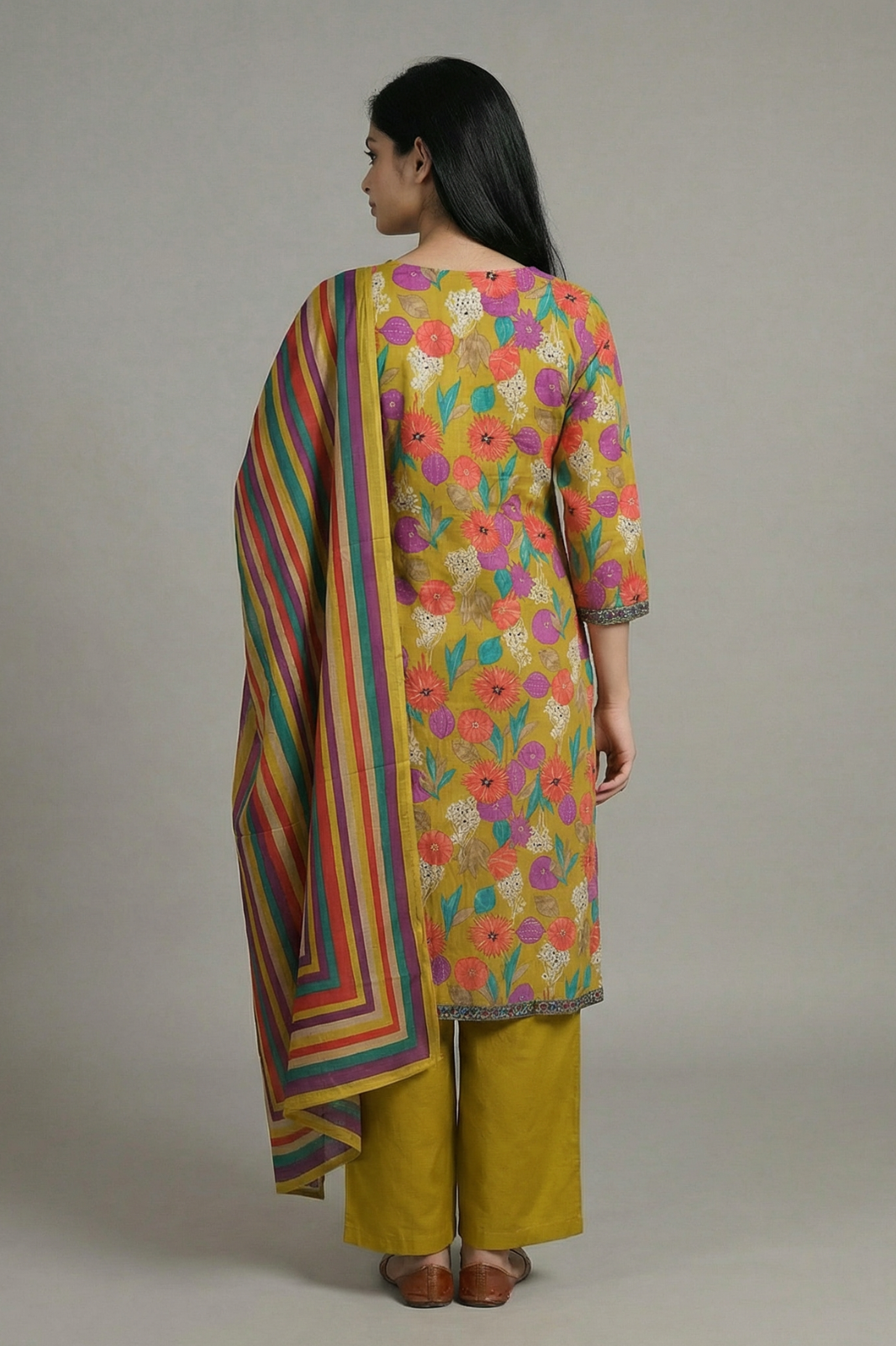 Vibrant Floral Pure Cotton Kurta Pant Set with Striped Dupatta
