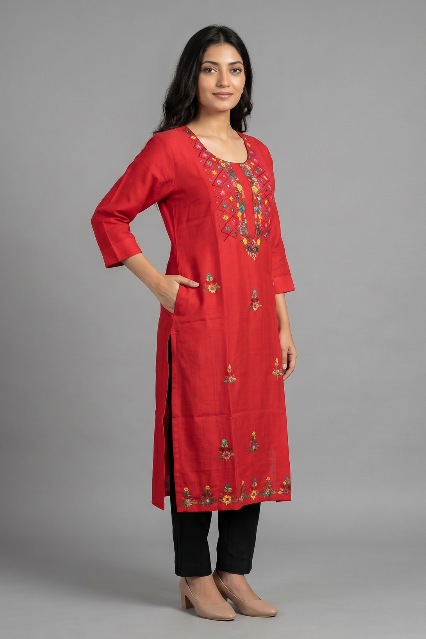 Bright Red Cotton Flex Embroidered Kurti
