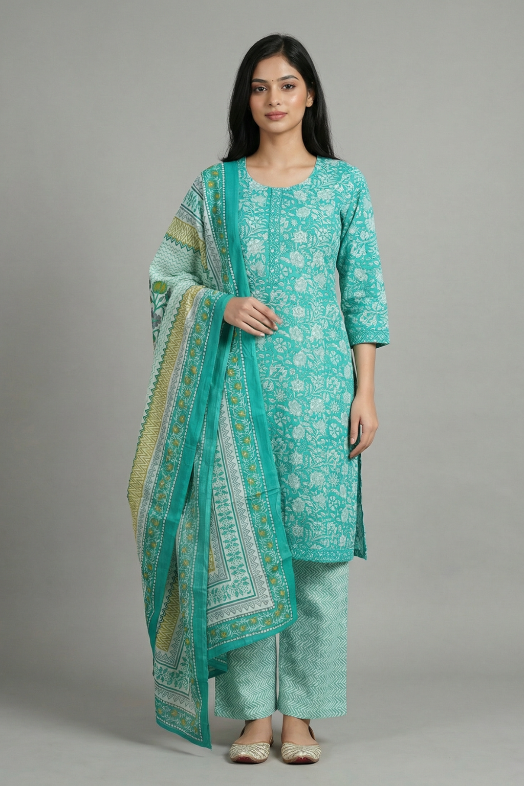 Sea Green Floral Pure Cotton 3-Piece Suit Set