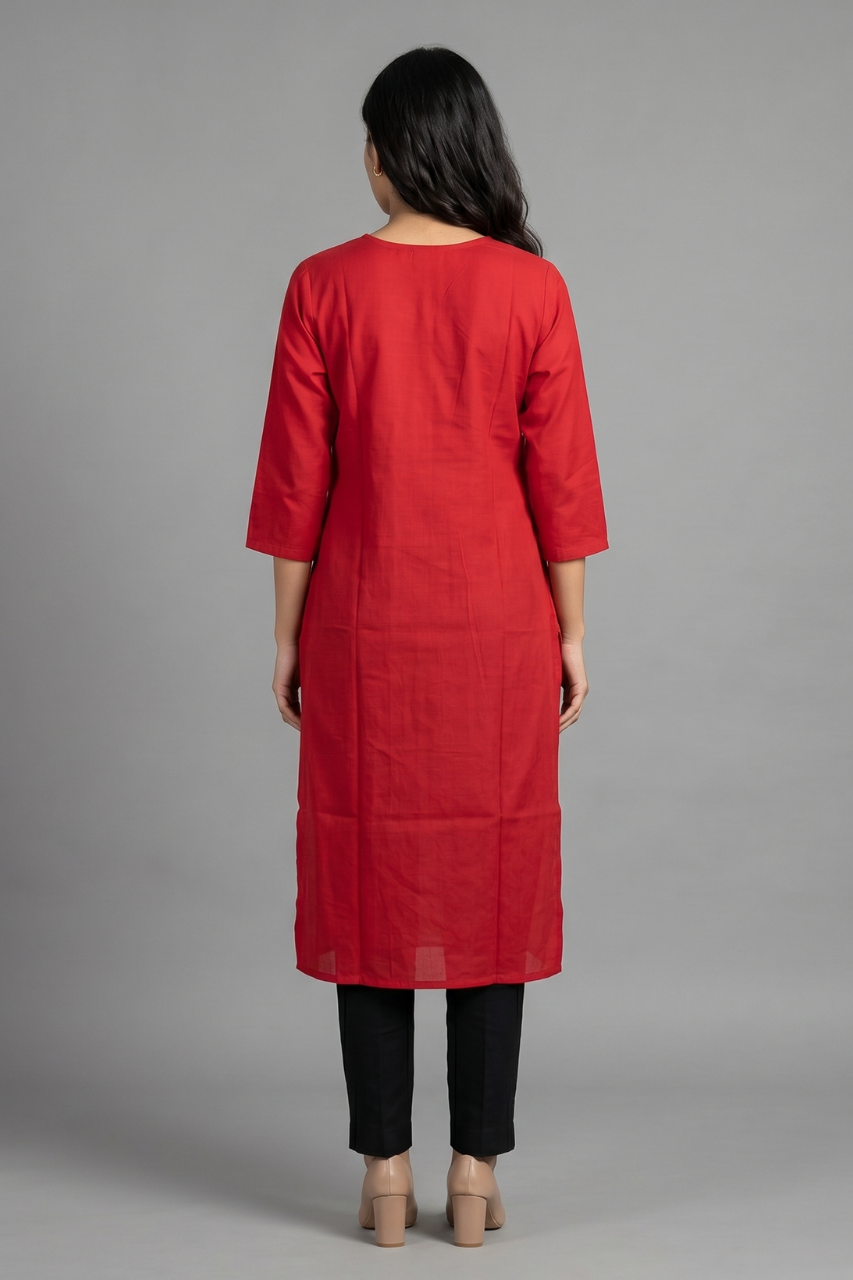 Bright Red Cotton Flex Embroidered Kurti