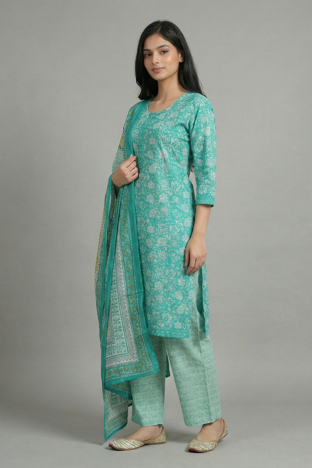 Sea Green Floral Pure Cotton 3-Piece Suit Set