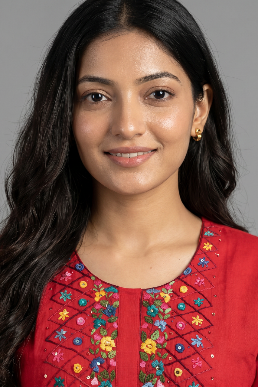 Bright Red Cotton Flex Embroidered Kurti