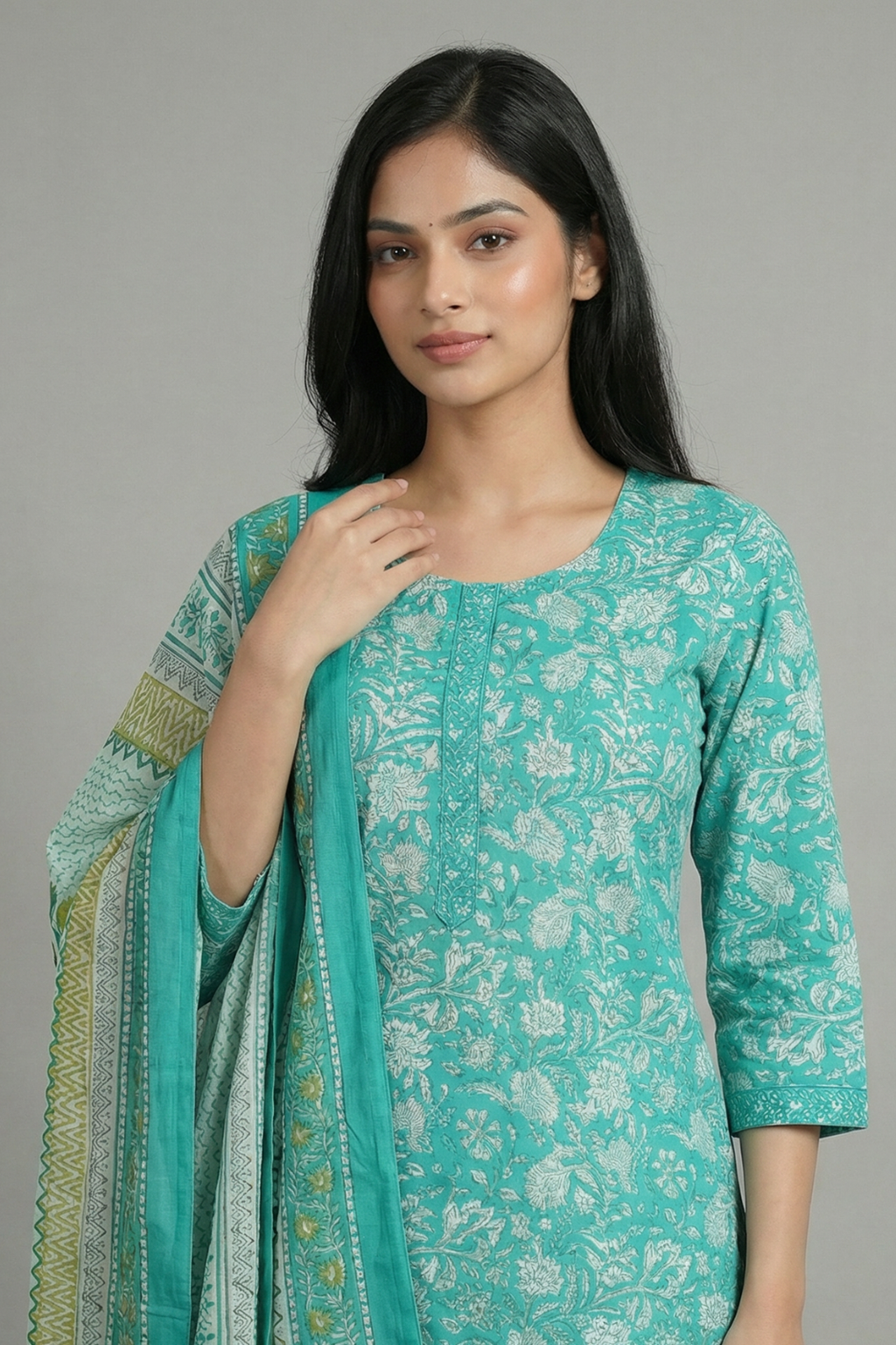 Sea Green Floral Pure Cotton 3-Piece Suit Set
